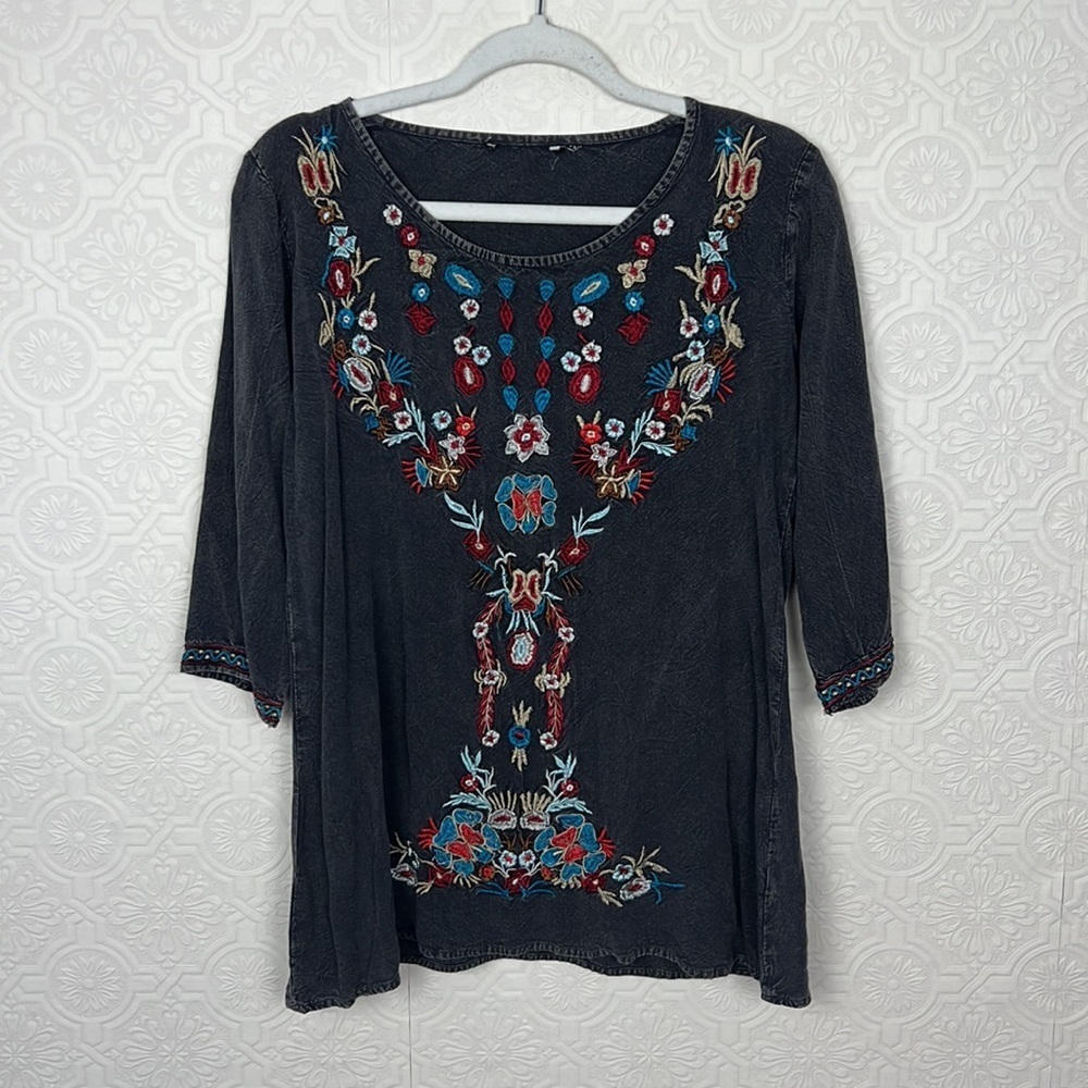 Scully Western Shirt Womens 3/4 Sleeve Scoop Neck Gray Embroidered Top Cowgirl